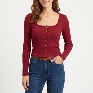 American Giant Luxe Rib Cardigan Sweater Womens S Red Cotton Stretch Square Neck